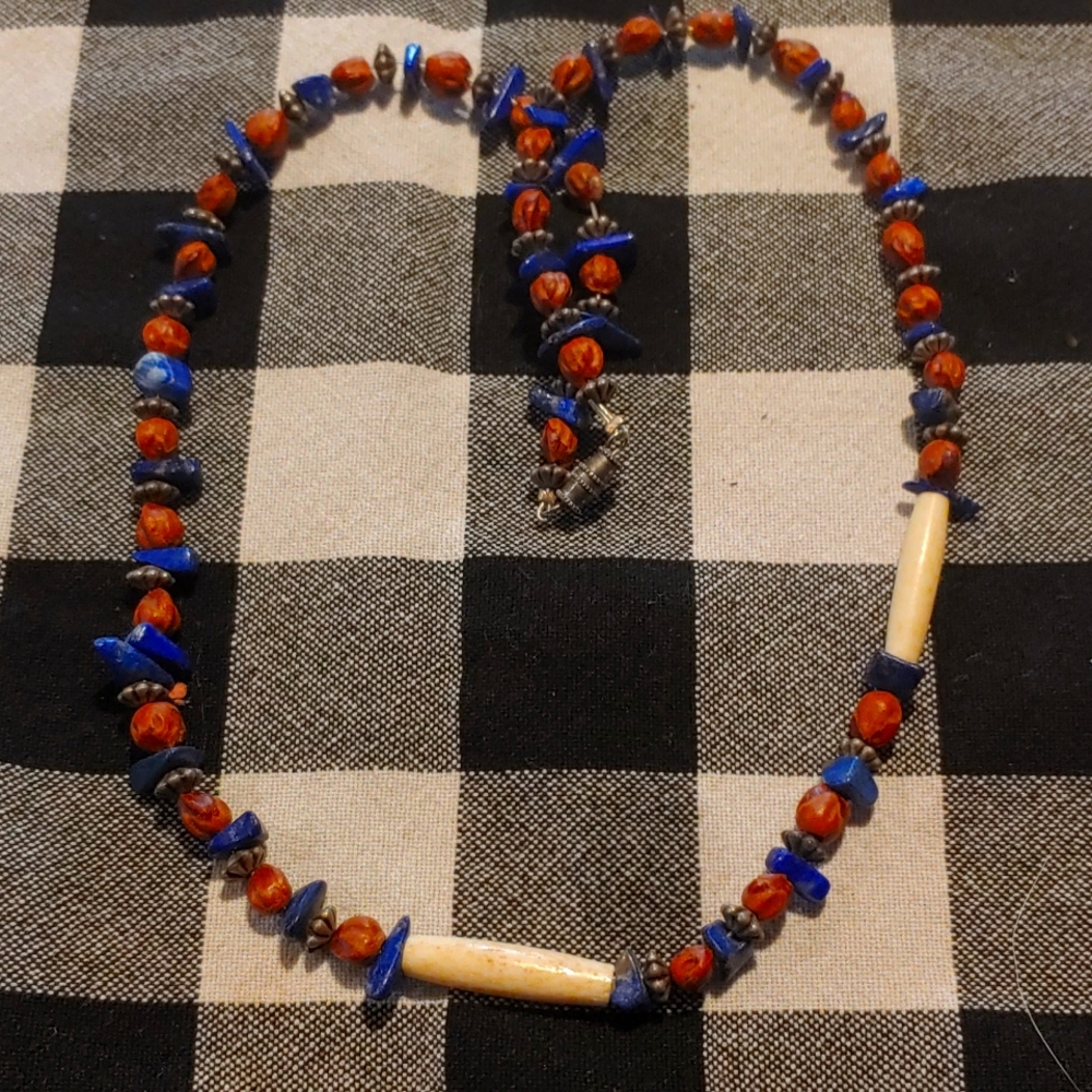Blue crystals with wood style necklace